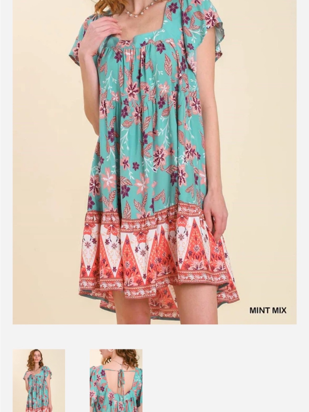Umgee Mint Green Floral Tiered Dress with Coral and Purple Accents